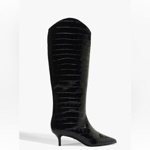 SCHUTZ Maryana Lo Wide Black Croc-Embossed Heeled Boots
